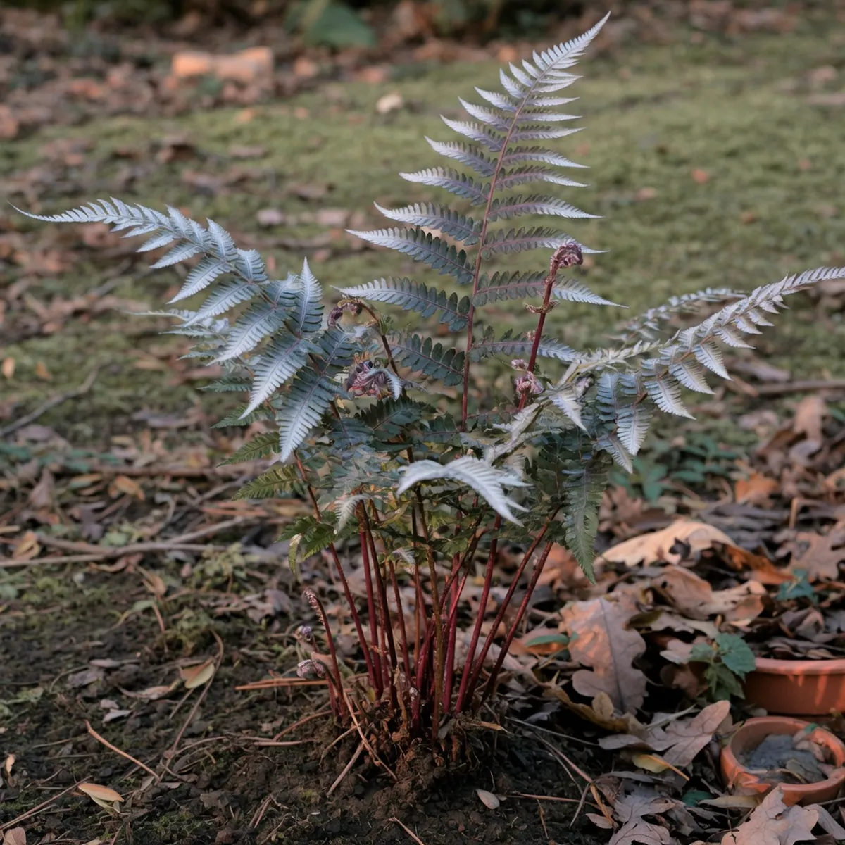 A Japanese painted fern growing in moist soil showing its dark bluish green leaves fading to silver edges and reddish-purple stalks.