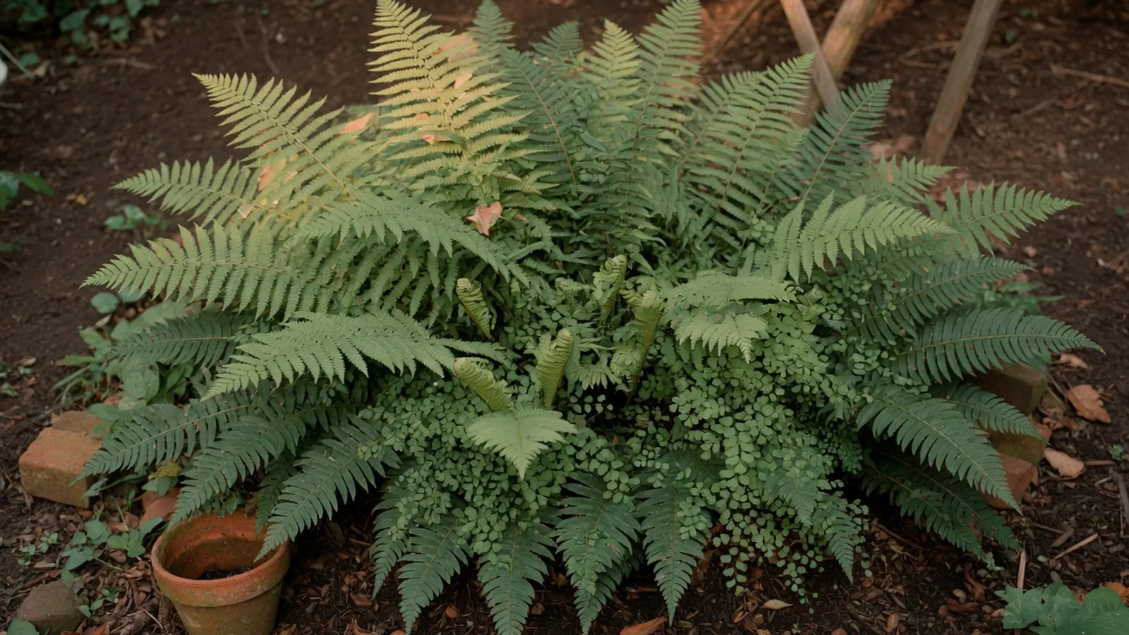 A lush cluster of various green fern fronds growing together in a shaded garden bed.