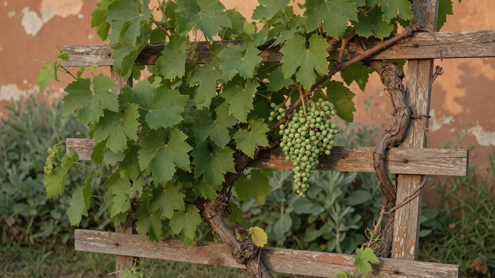A grapevine with green leaves and a cluster of small developing berries on a trellis.