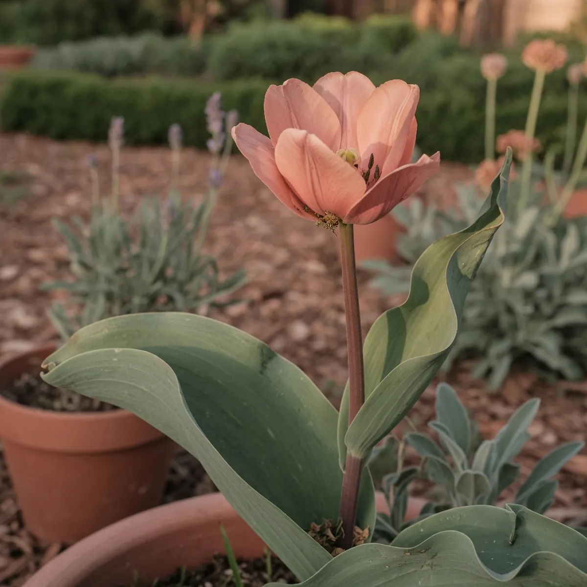 A single tulip stem with a fully opened cup-shaped bloom and broad green leaves against a soft garden background.