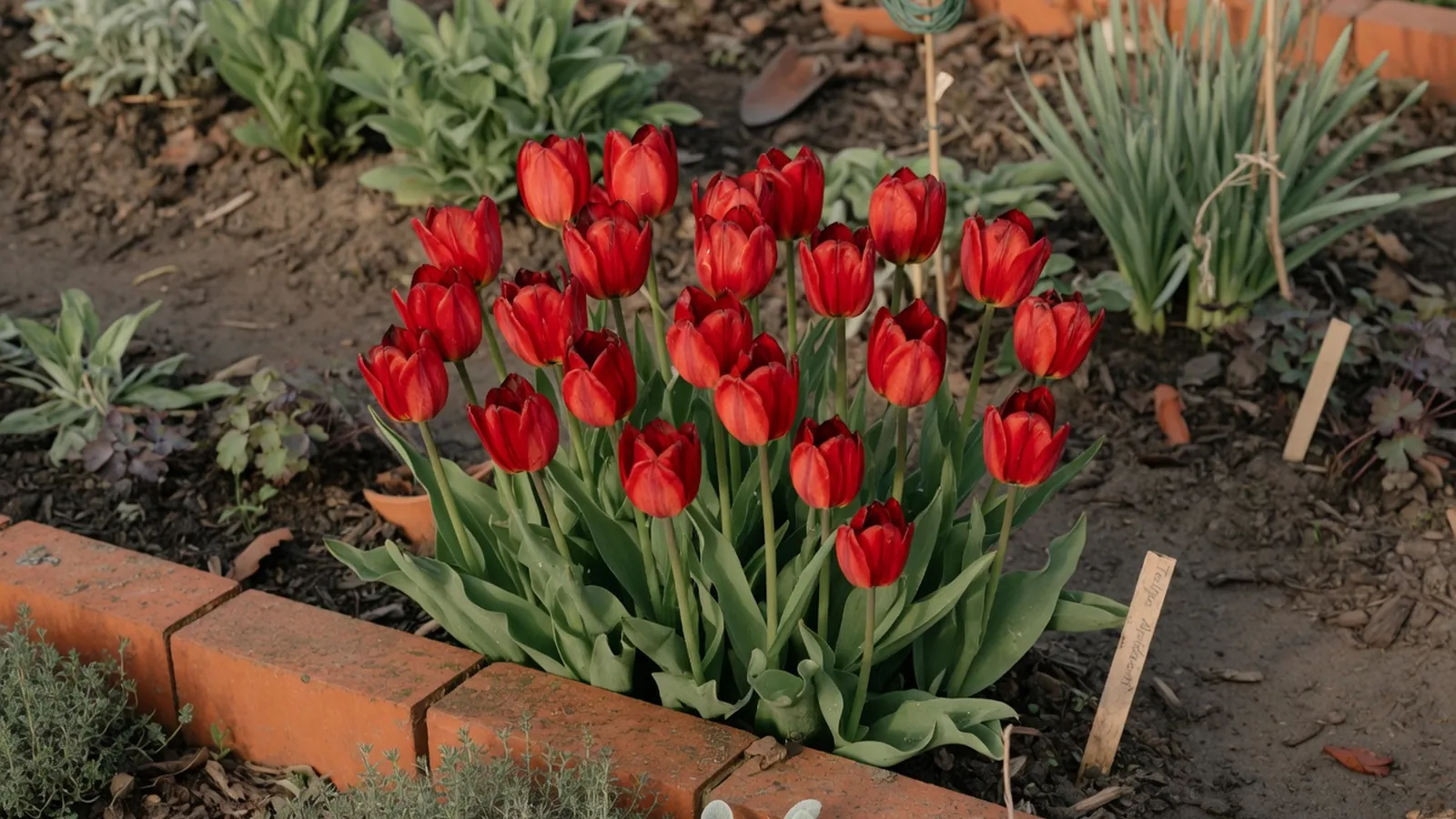 A cluster of vibrant red tulips in full bloom standing tall in a spring garden bed.