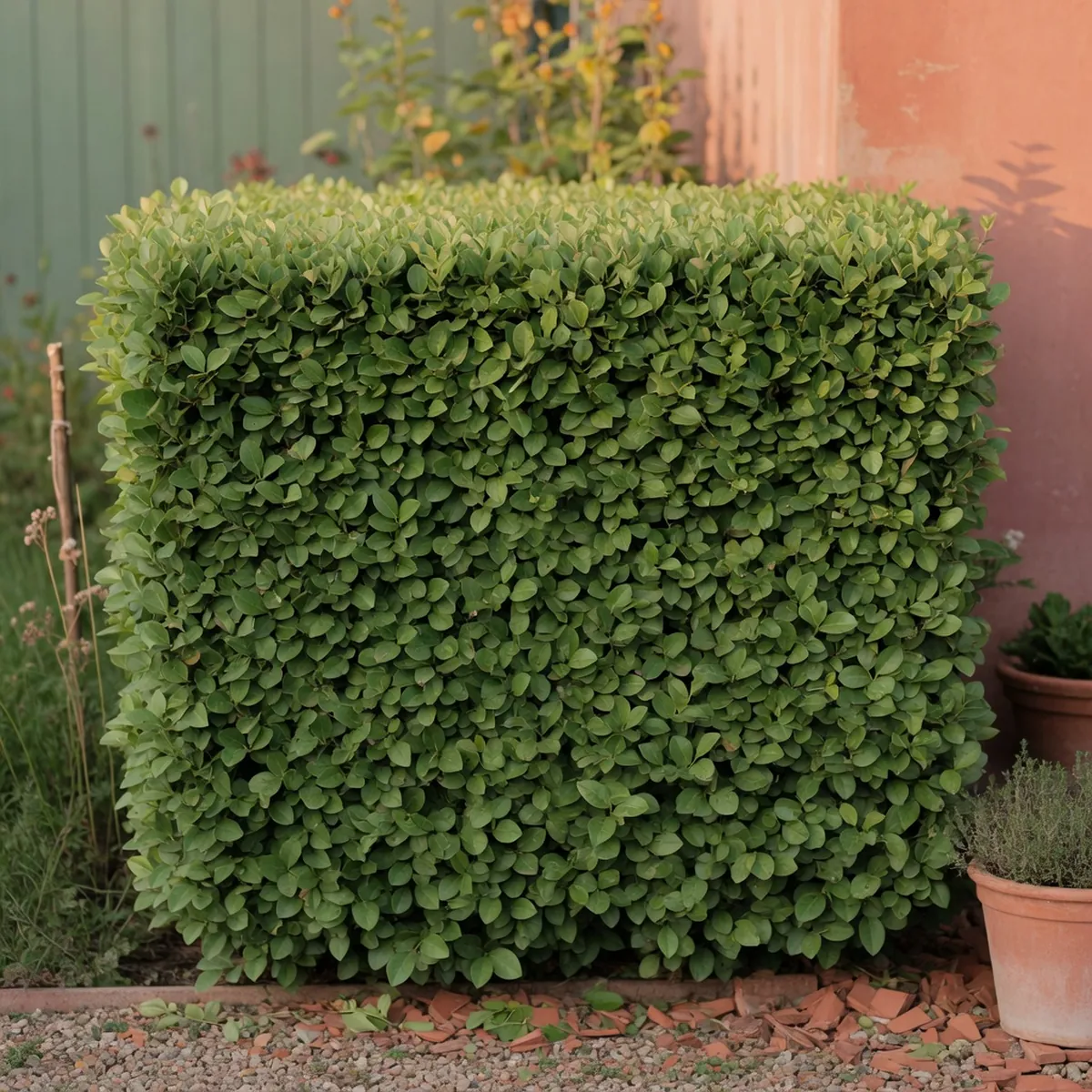 A dense, neatly trimmed green hedge of glossy Ligustrum leaves in a sunny garden setting.