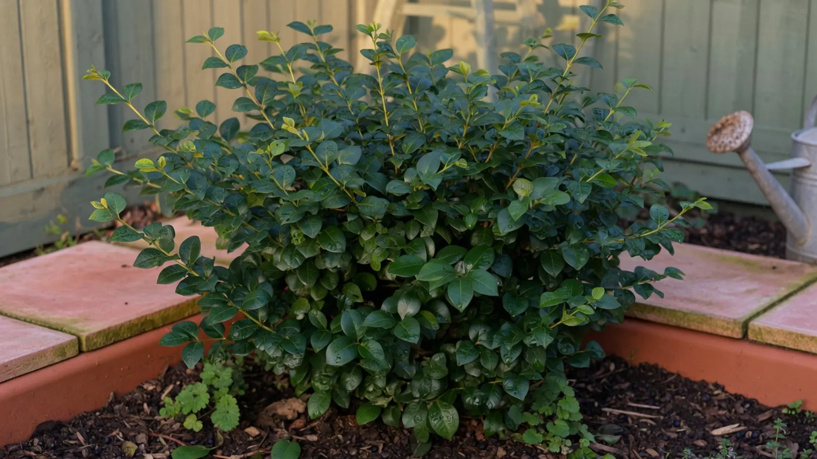 A lush, deep green Ligustrum shrub with glossy, waxed leaves thriving in a garden bed.