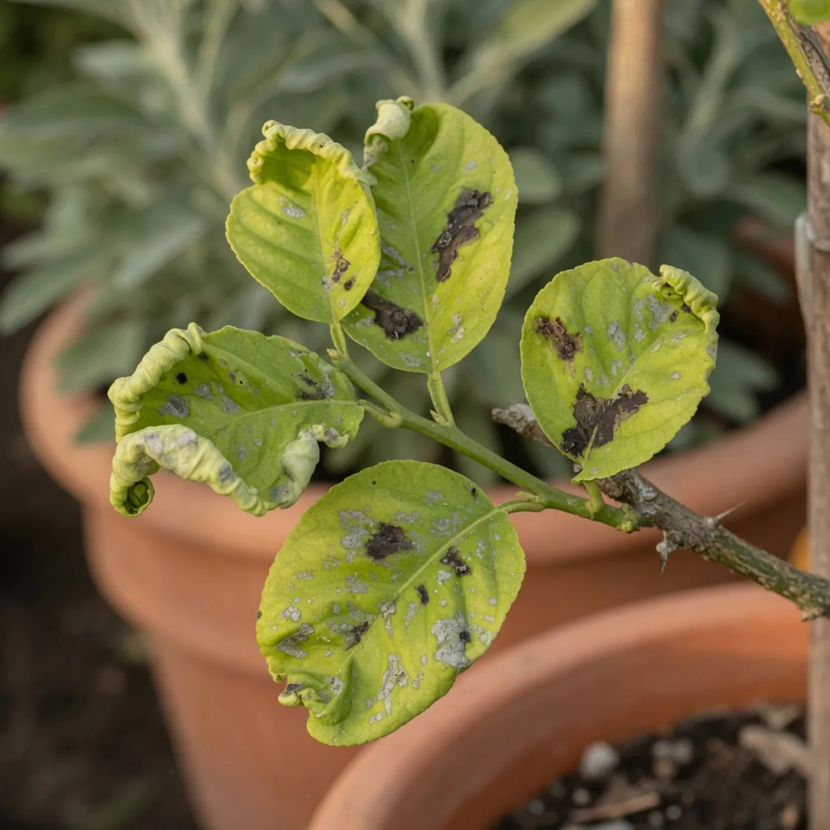 A lime tree branch displaying curled leaves with gray mottling and dark fungal patches on the underside.