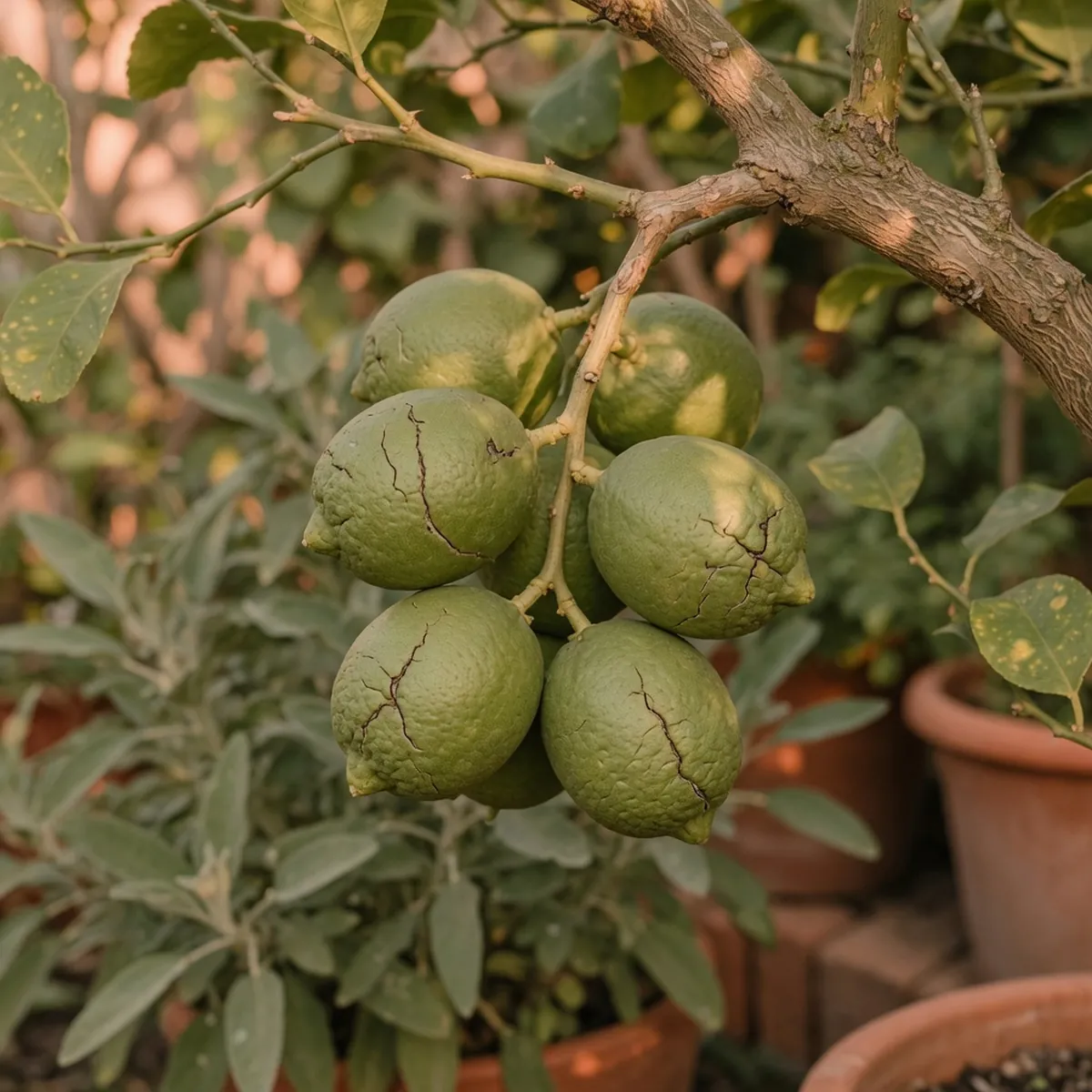 Green limes hanging from a branch showing visible surface cracks and slight shriveling from environmental stress.
