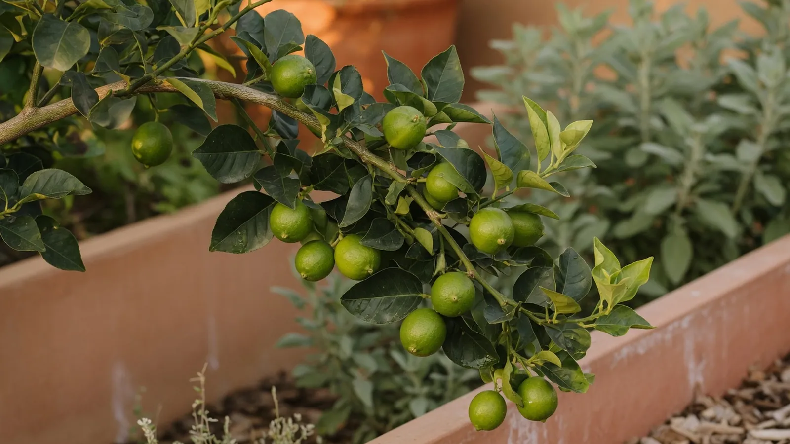 A vibrant lime tree branch laden with small green citrus fruits surrounded by glossy dark green leaves.