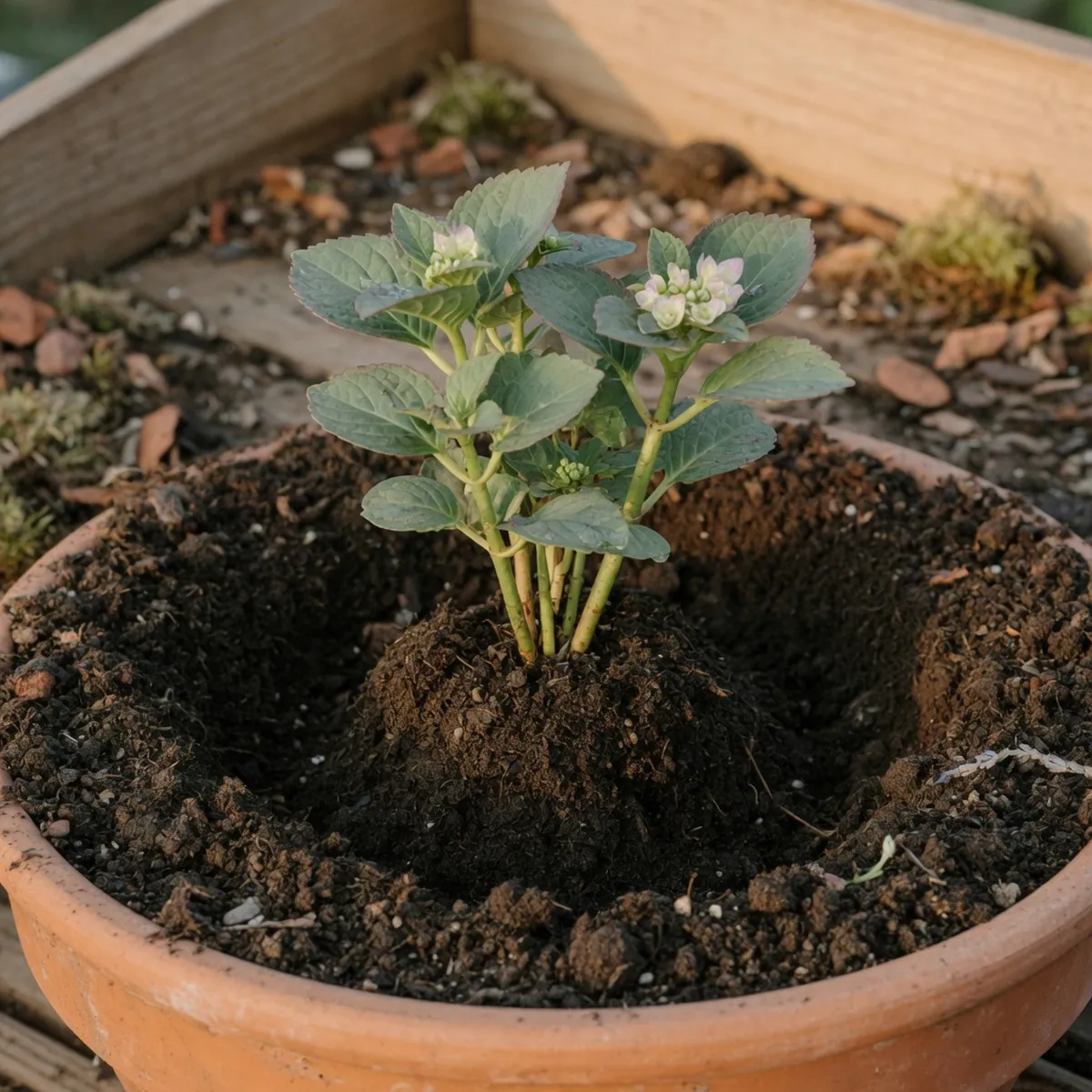 A freshly planted hydrangea cutting surrounded by mounded soil shaped into a shallow basin.