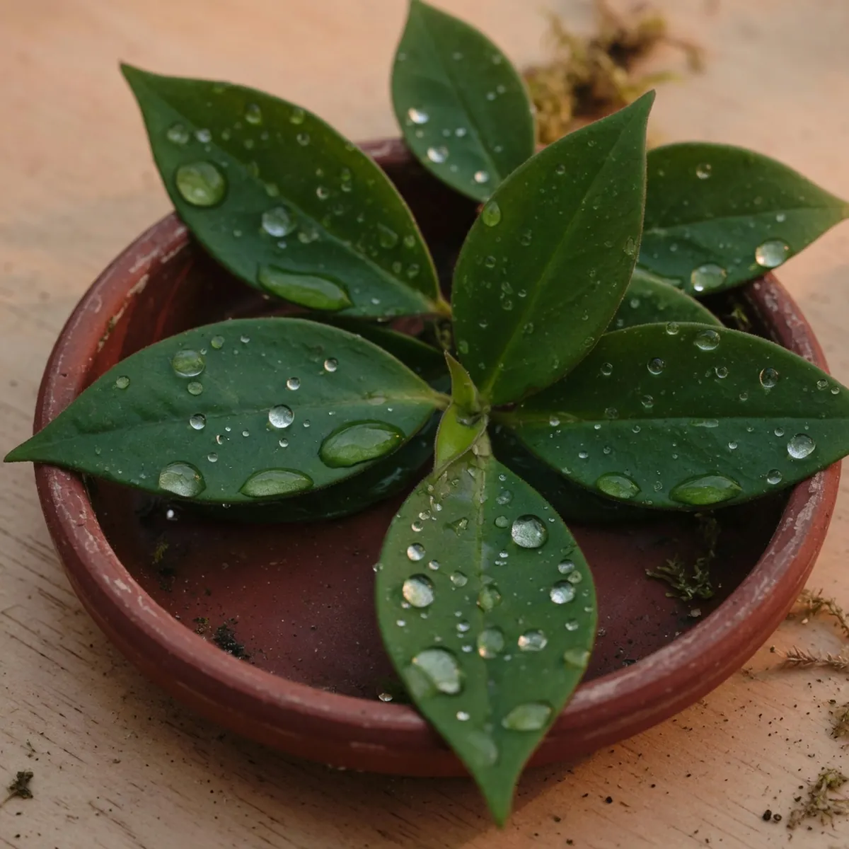 Glossy green Lipstick plant leaves catching fine water droplets from misting.