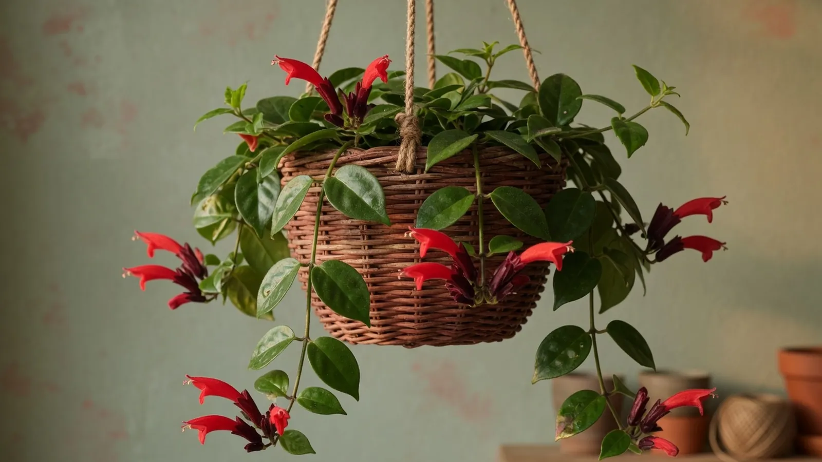 A trailing Lipstick plant with glossy leaves and bright red tubular flowers in a hanging basket.