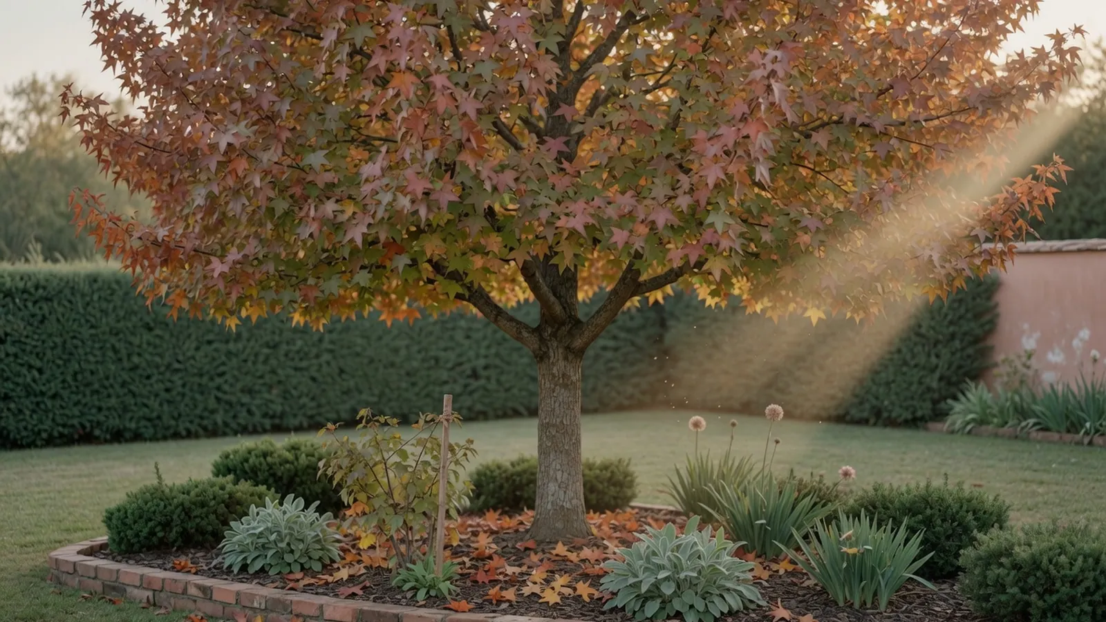 A mature liquid amber tree standing alone in a landscaped garden with dense green foliage.