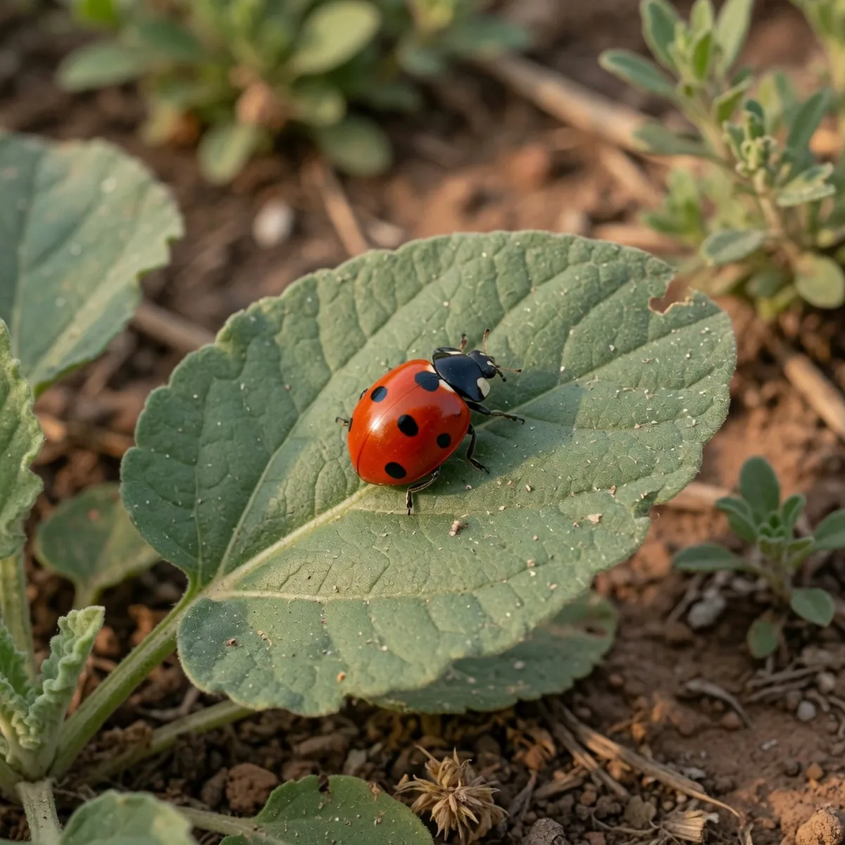 A close-up of a red lady beetle with black spots resting on a green leaf.