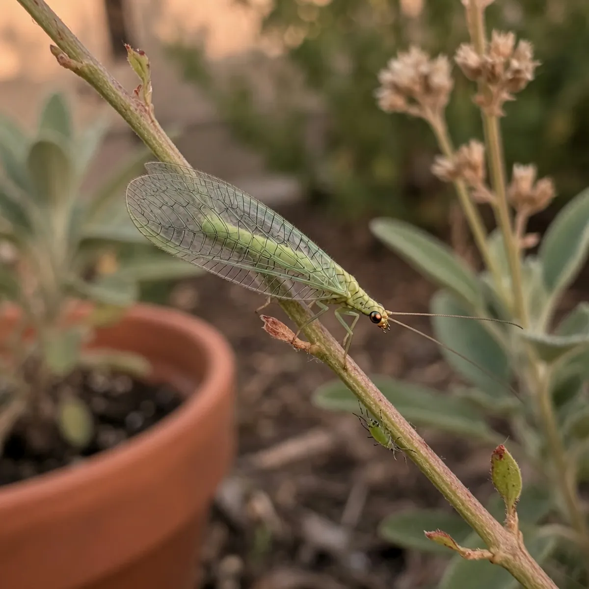 A pale green lacewing insect with large copper-colored eyes resting on a garden stem.