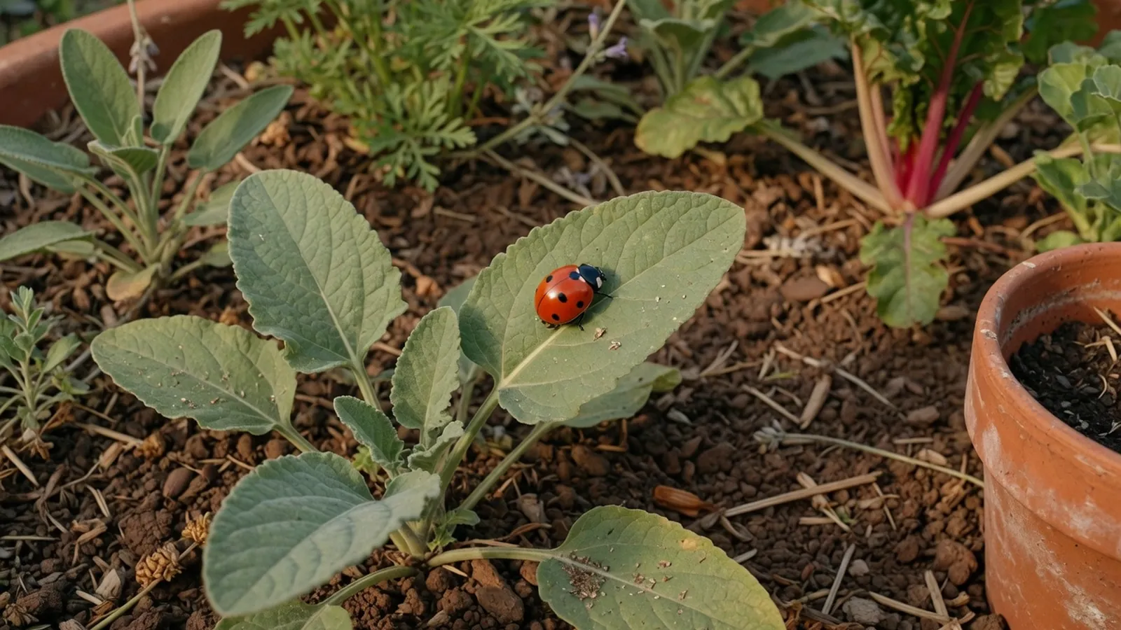 A red lady beetle with black spots resting on a green leaf in a thriving garden.