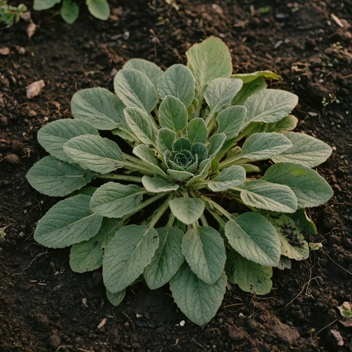 A first-year biennial plant forming a low rosette of leaves close to the soil.