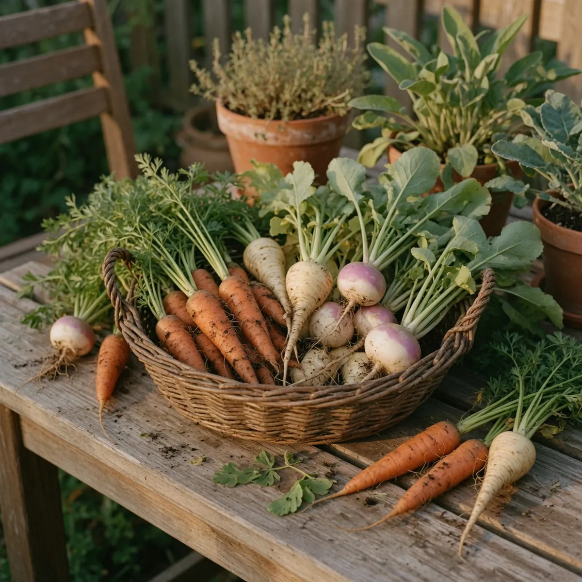 A wooden basket holding freshly harvested biennial vegetables ready for the kitchen.