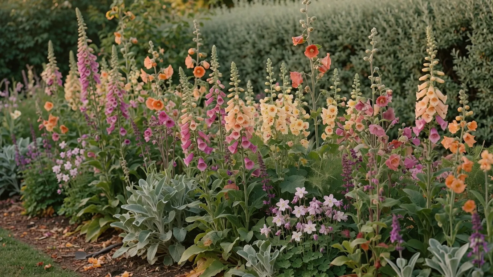 A sunny garden border displaying a variety of tall biennial flowering plants in bloom.