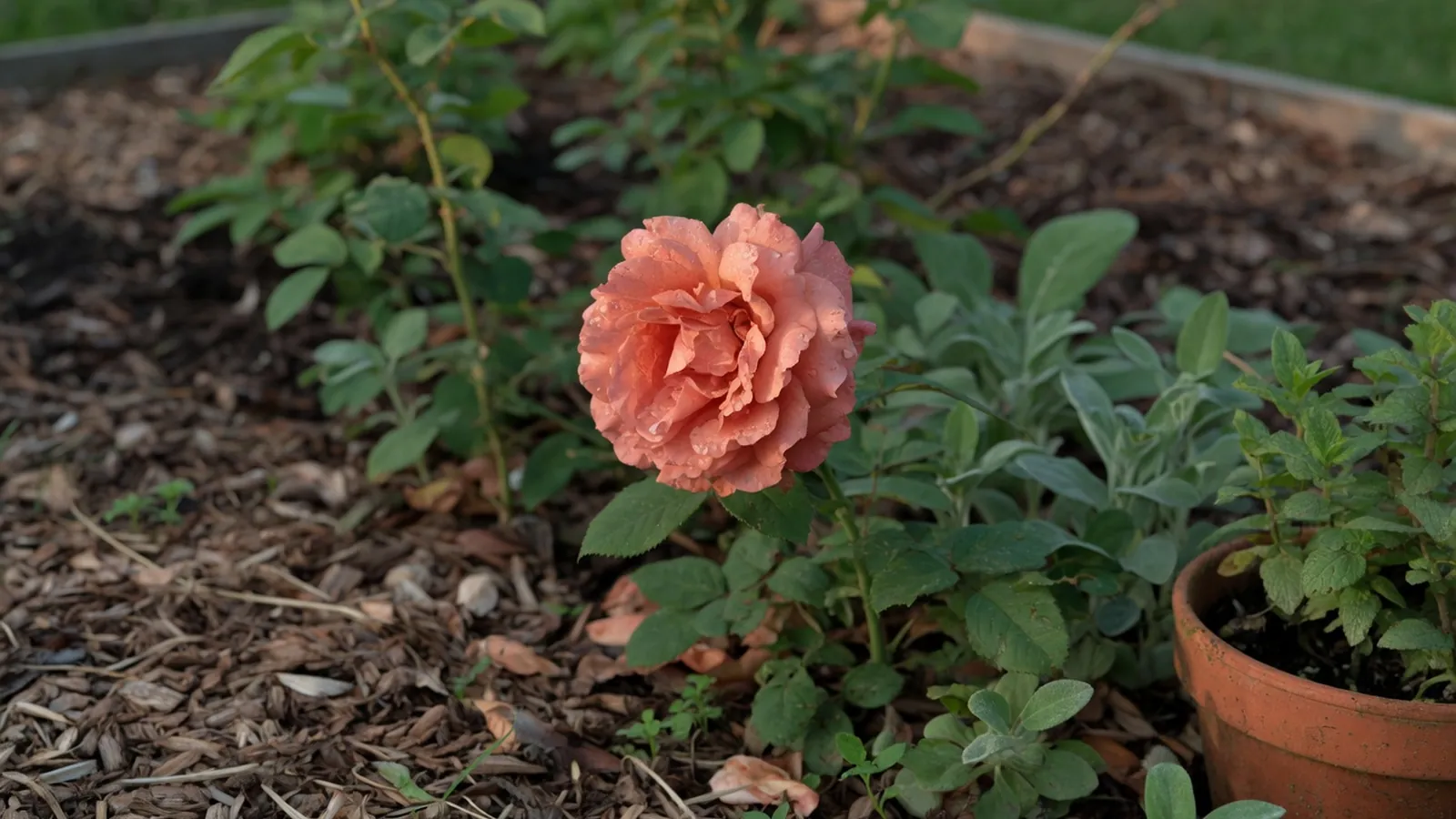 A single fully bloomed garden rose surrounded by green foliage and mulch.
