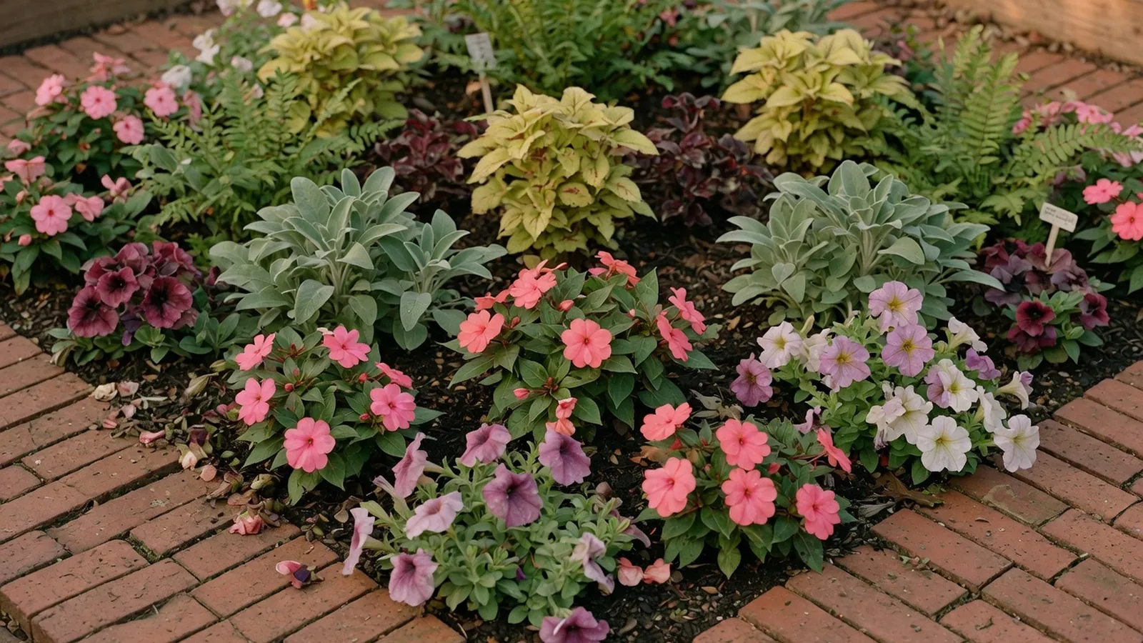 A sunlit garden bed displaying a variety of low-pollen flowering plants nestled among healthy green leaves.