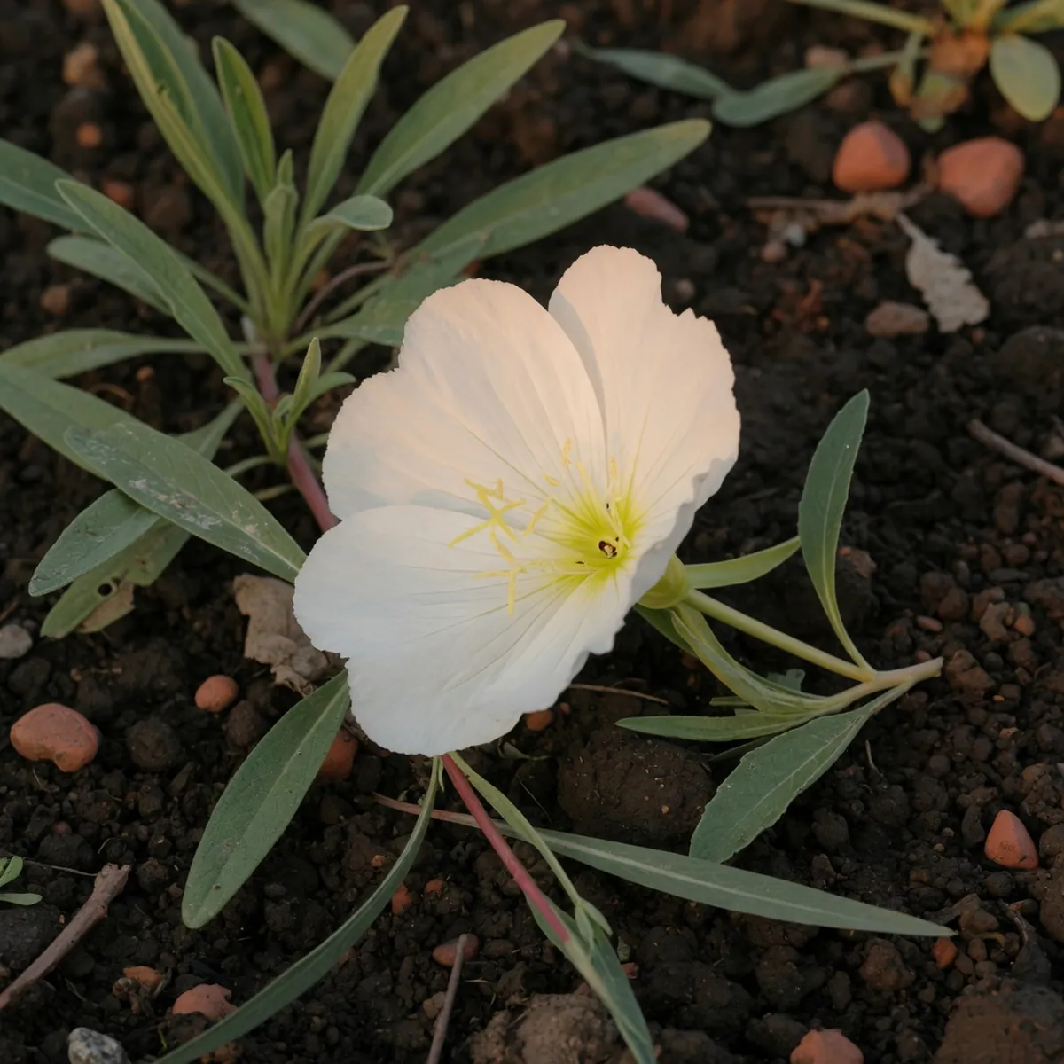 A white evening primrose in full bloom resting on dark soil among slender green leaves.