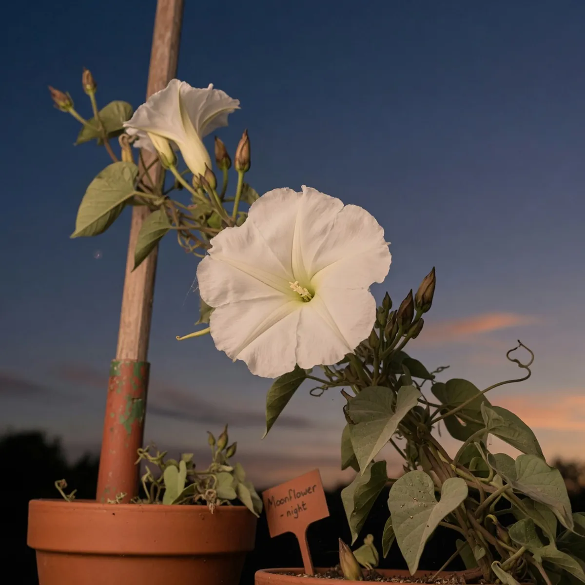 A large white moonflower unfurling its trumpet-shaped petals on a climbing vine against a deep blue evening sky.