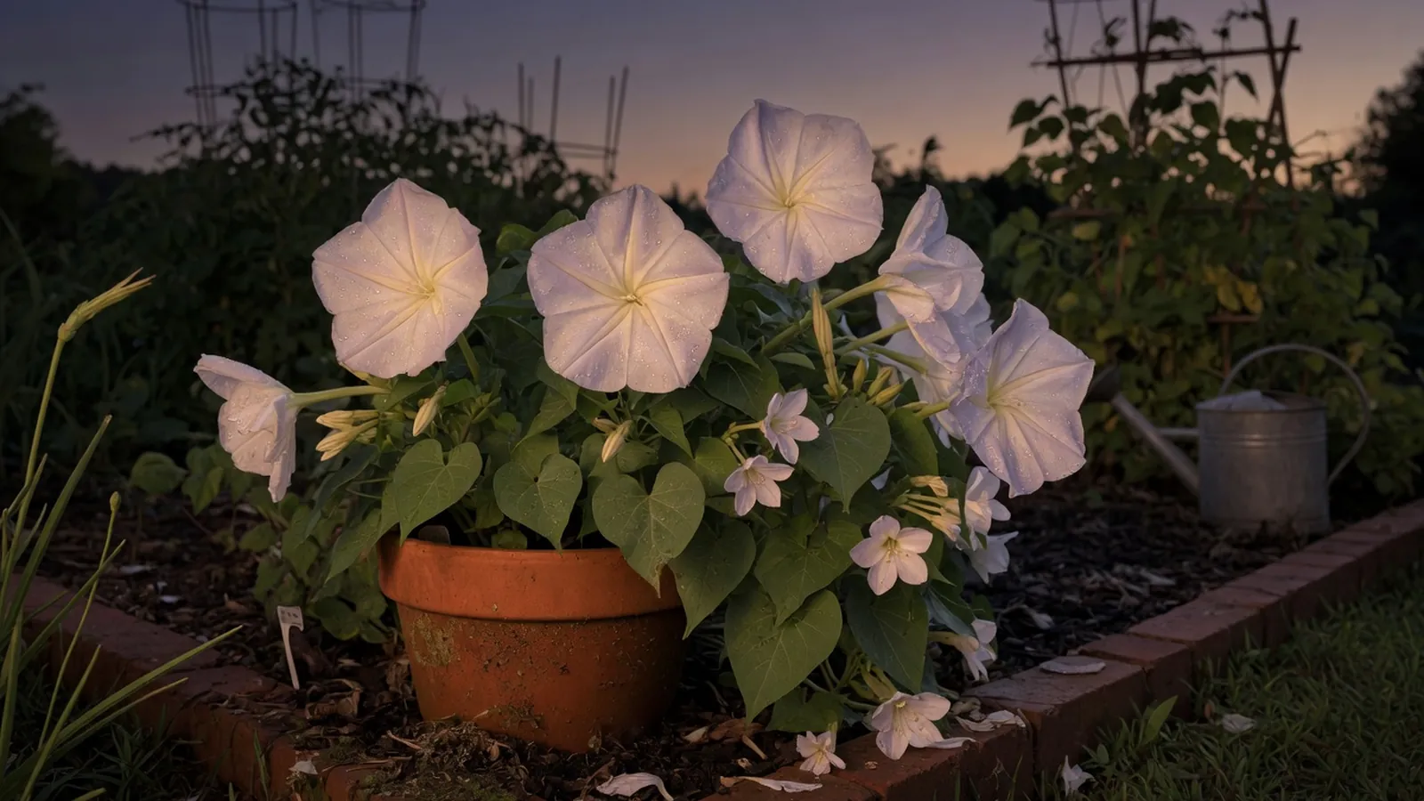 Pale night-blooming flowers softly glowing against a dark twilight garden backdrop.