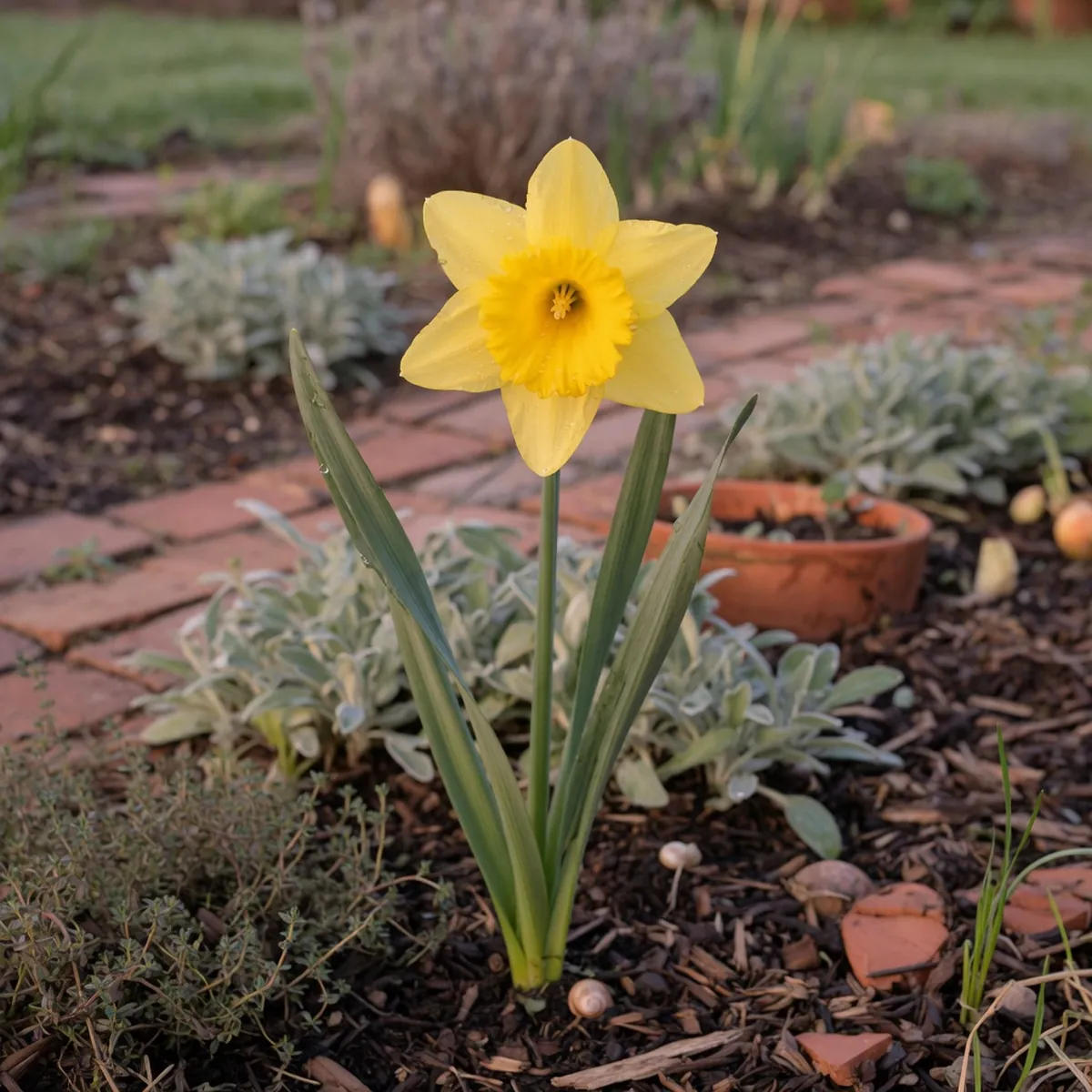 A close-up of a bright yellow daffodil with a trumpet-shaped center surrounded by slender green leaves in a garden bed.