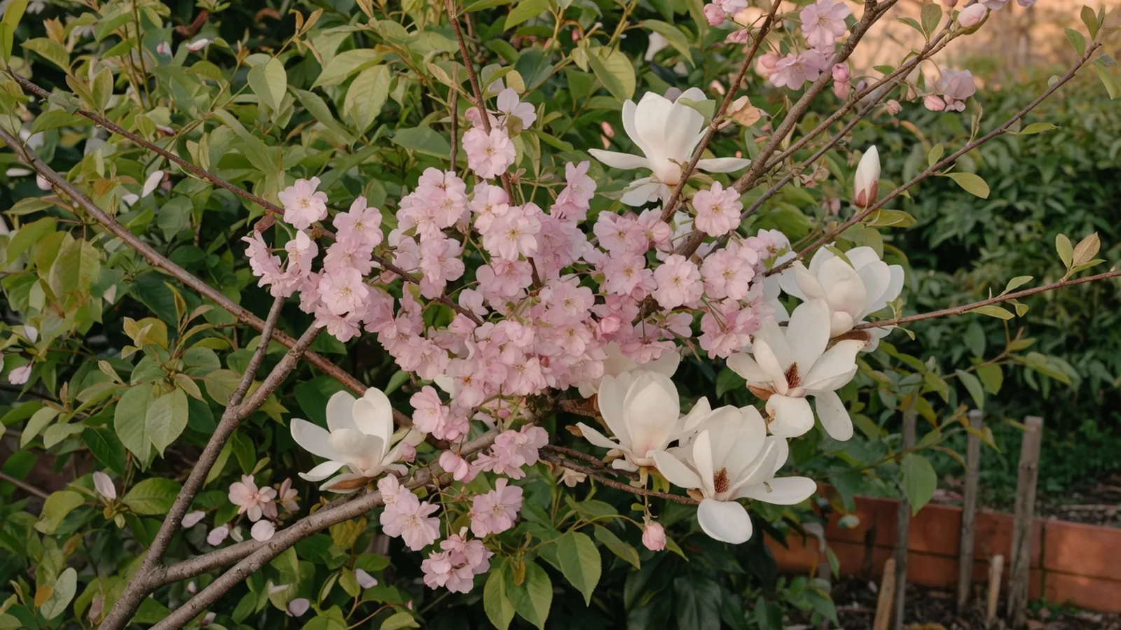 A vibrant cluster of early spring blossoms in soft pastel shades blooming against a fresh green garden backdrop.
