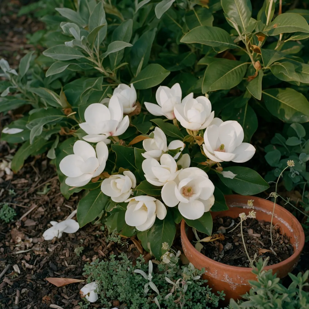 White cup-shaped magnolia blossoms blooming among dark green leaves in a garden setting.