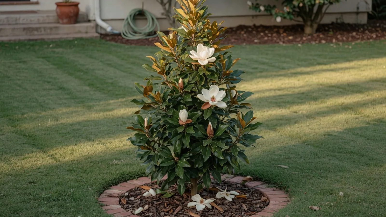 A young Little Gem magnolia tree displaying its characteristic upright pyramidal growth habit.