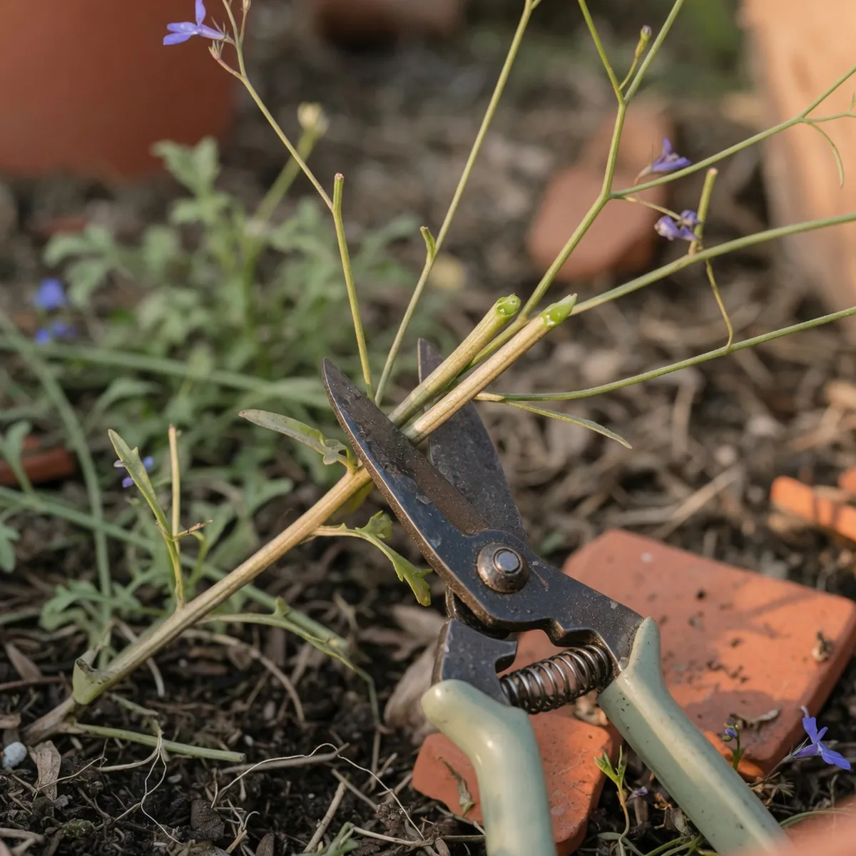 A close-up of small pruning shears cutting back the thin, leggy stems of a lobelia plant in a garden bed.