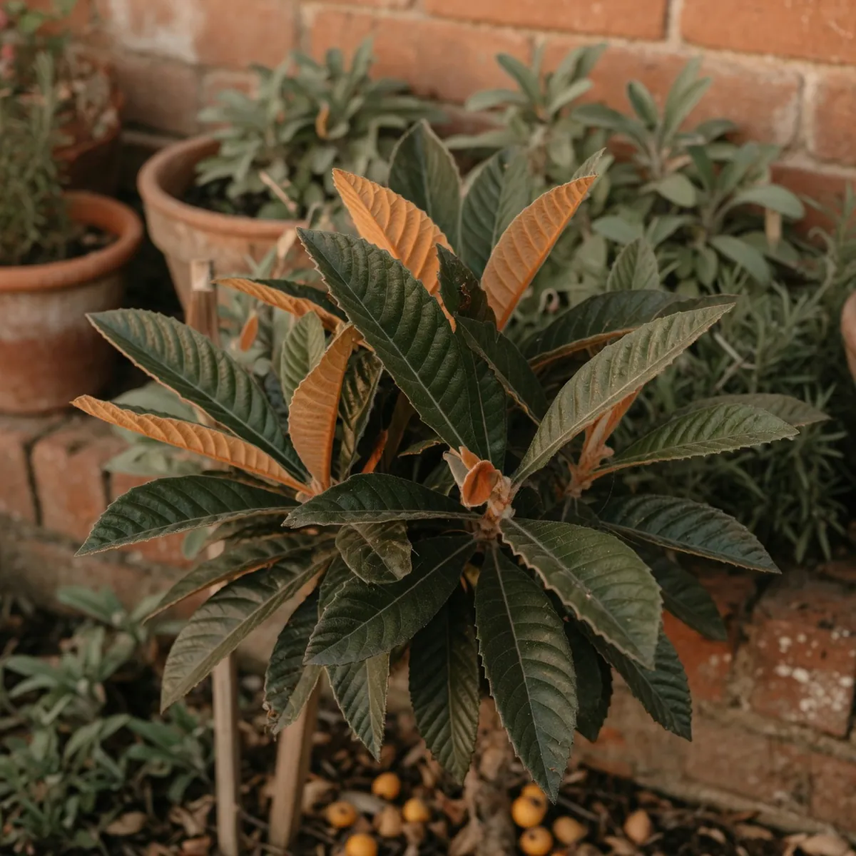 Glossy dark green loquat leaves with rusty undersides and oblique veins.