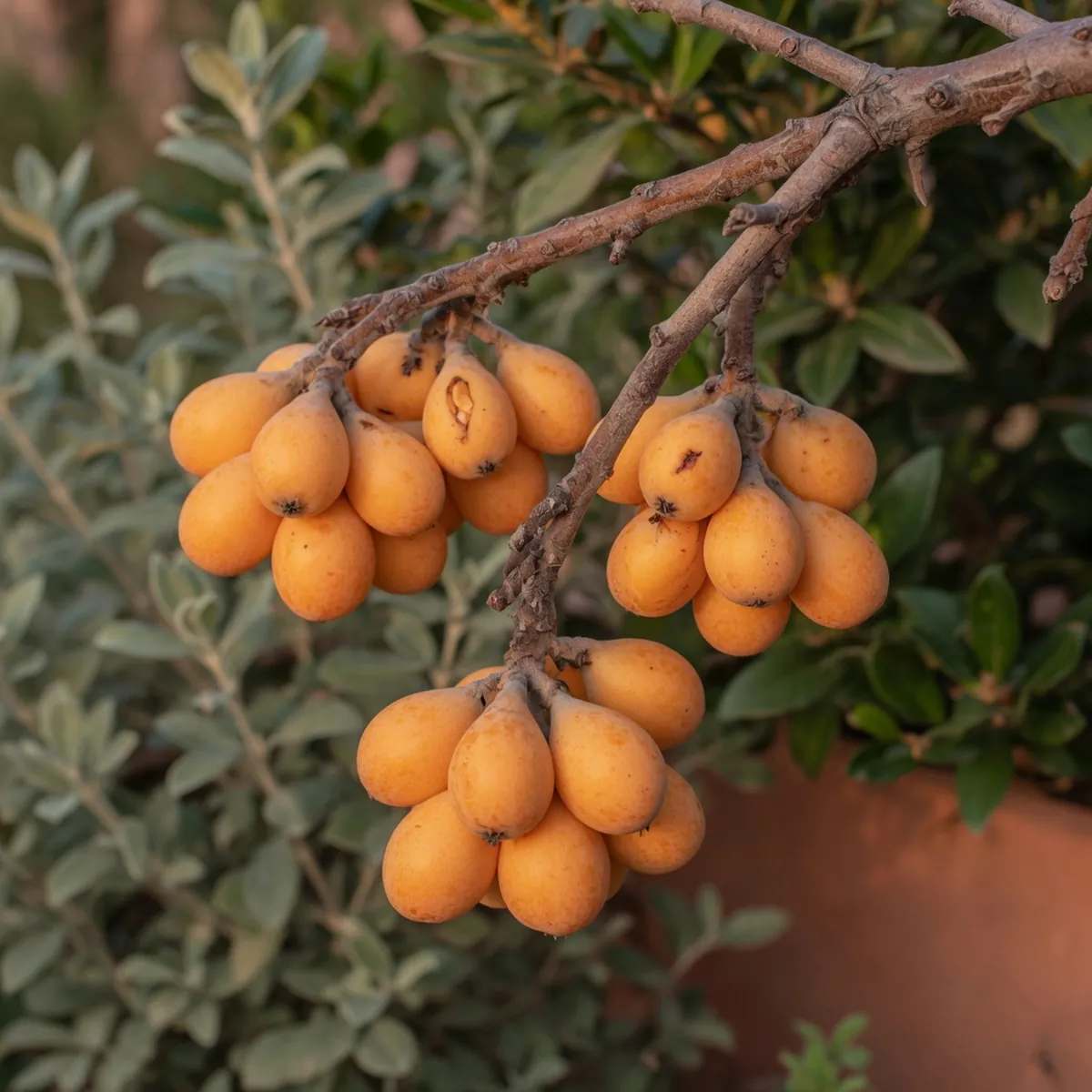 Clusters of pear-shaped loquat fruits hanging from a branch with orange-yellow skin.