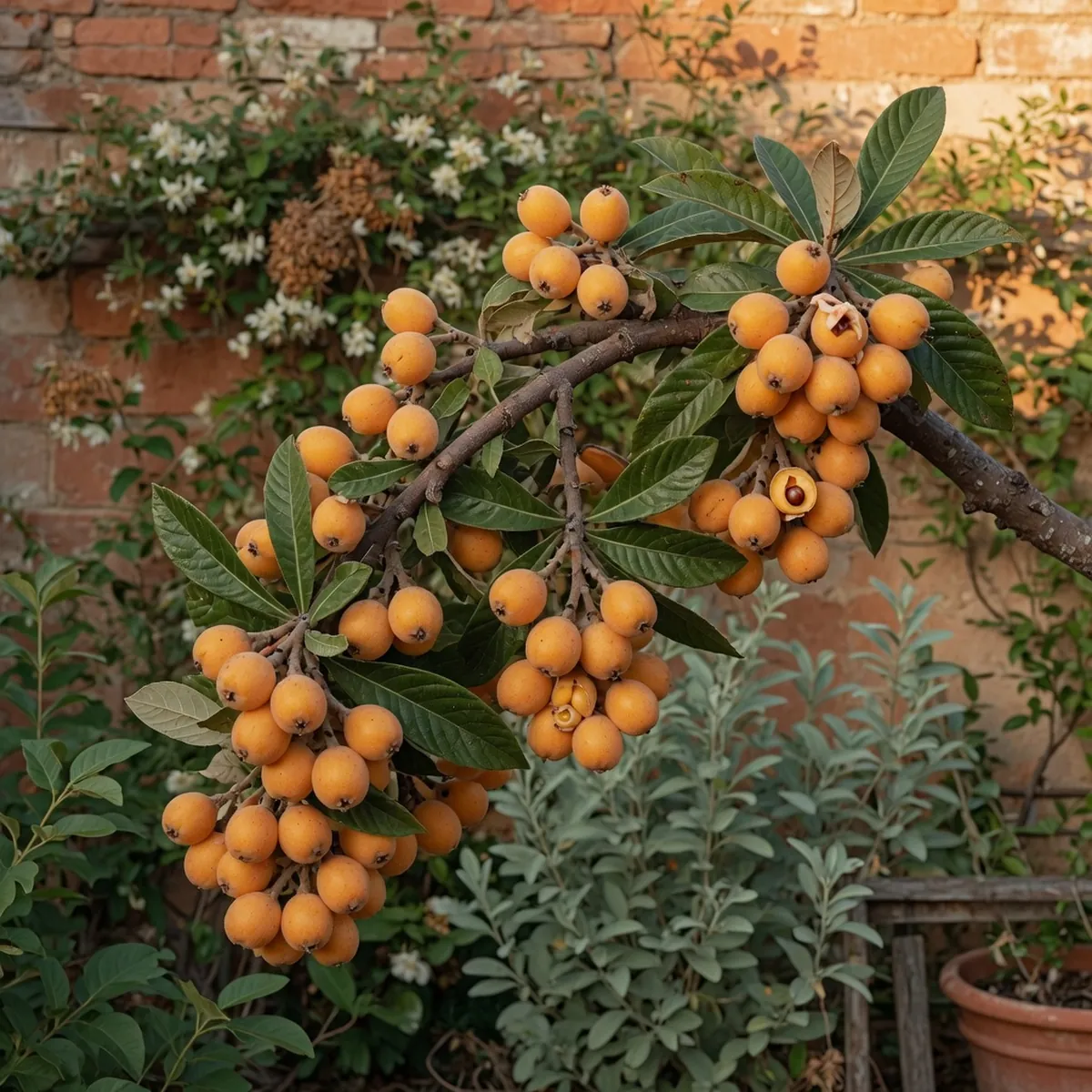 A heavy branch of a loquat tree displaying clusters of ripe orange fruits among dark green leaves.