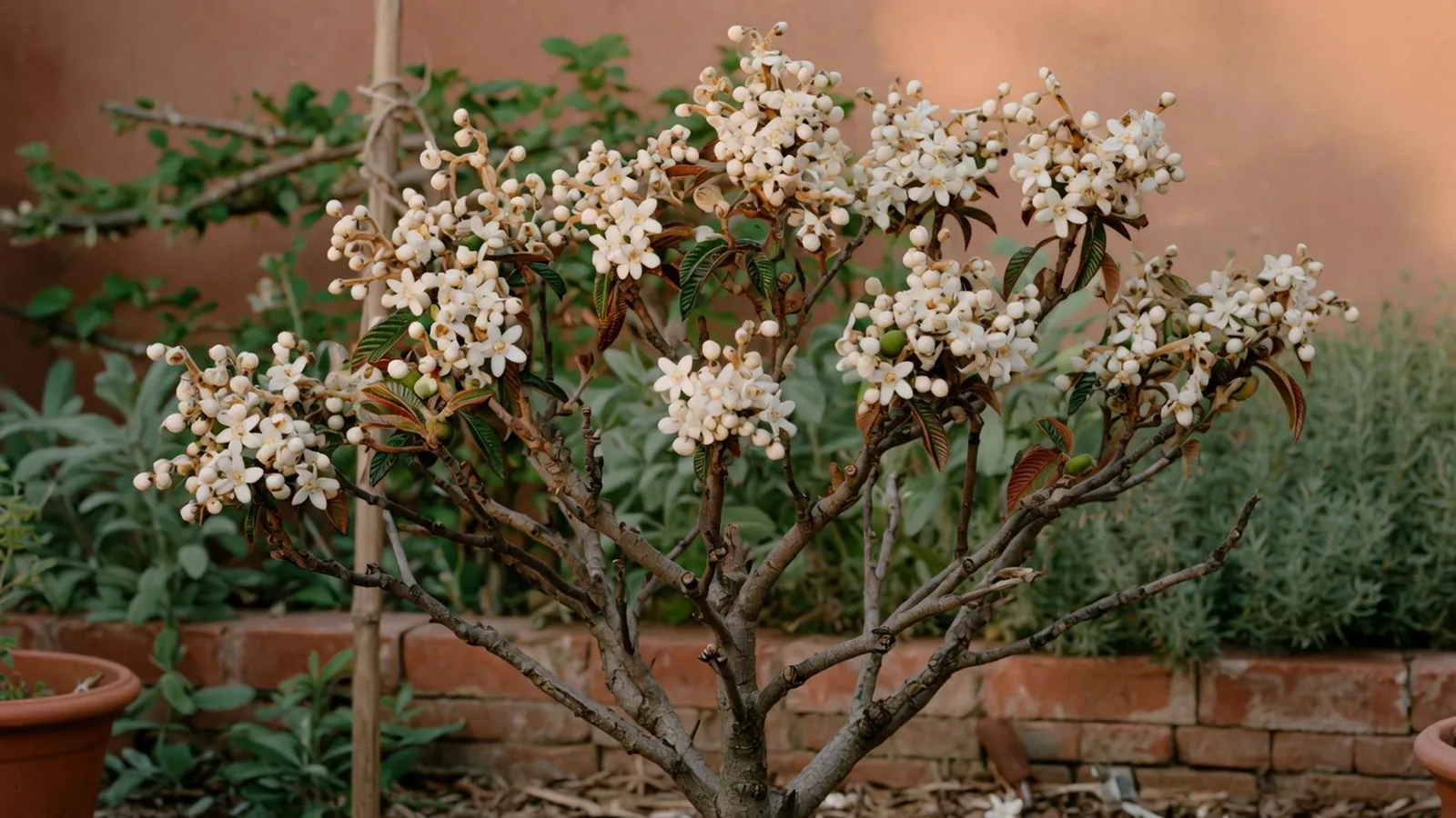 A healthy loquat tree in full bloom with clusters of white flowers and emerging green foliage in a garden.