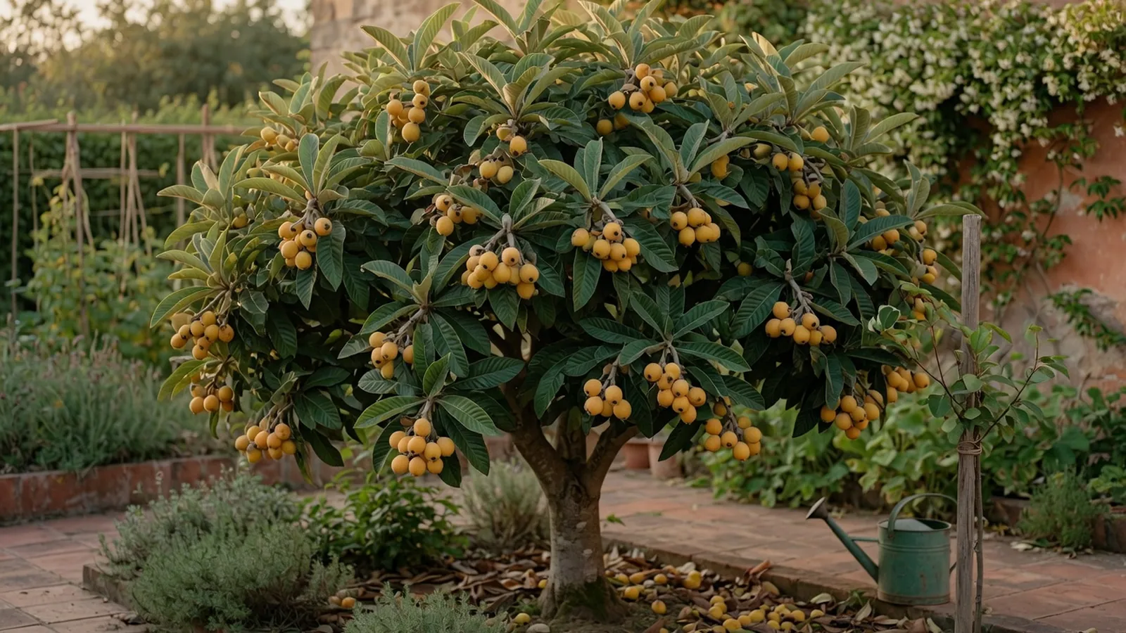 A mature loquat tree with a rounded crown bearing clusters of yellow fruit.