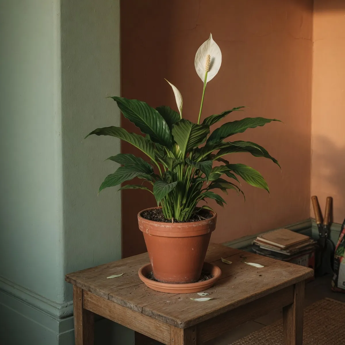 A potted peace lily displaying broad dark green leaves and a single white flower.