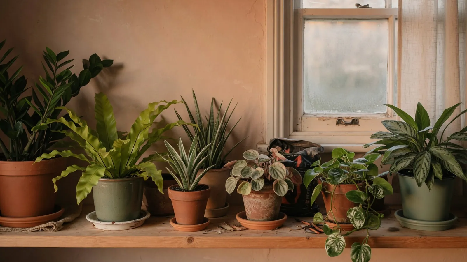 A curated collection of various low-light tolerant houseplants arranged on a wooden surface.