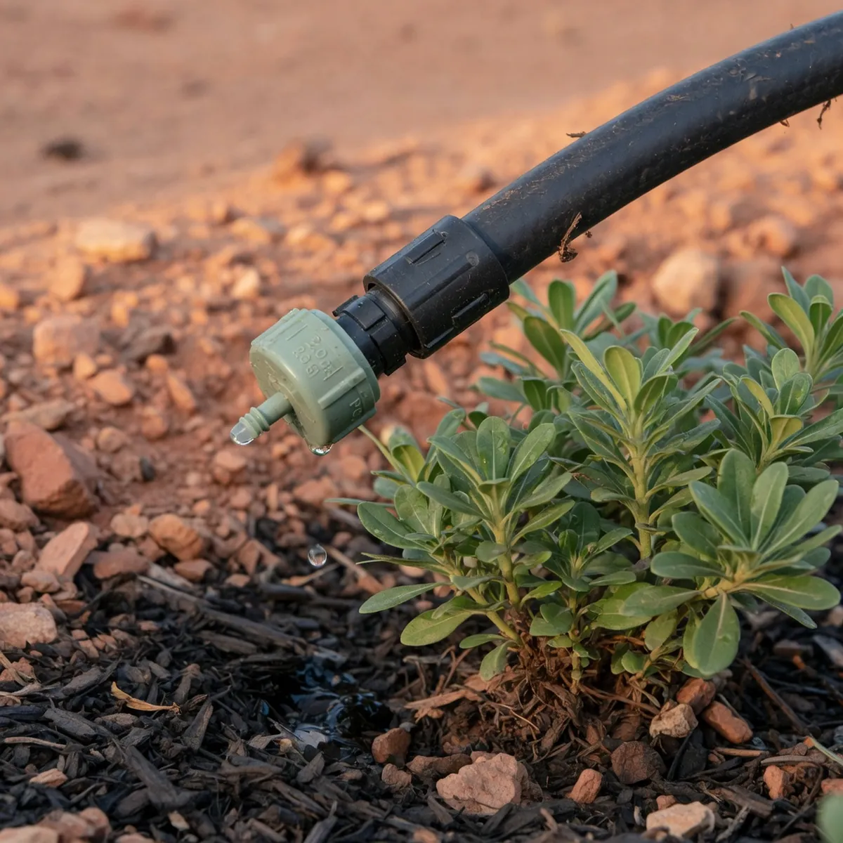 A close-up of a modern drip irrigation emitter watering the base of a garden shrub.