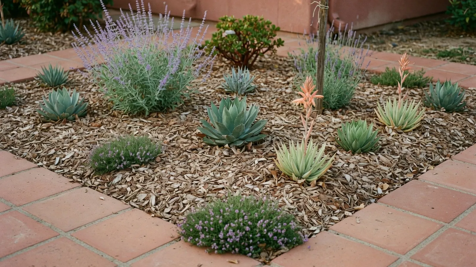 A tidy residential garden bed featuring drought-tolerant plants and a layer of wood chip mulch.