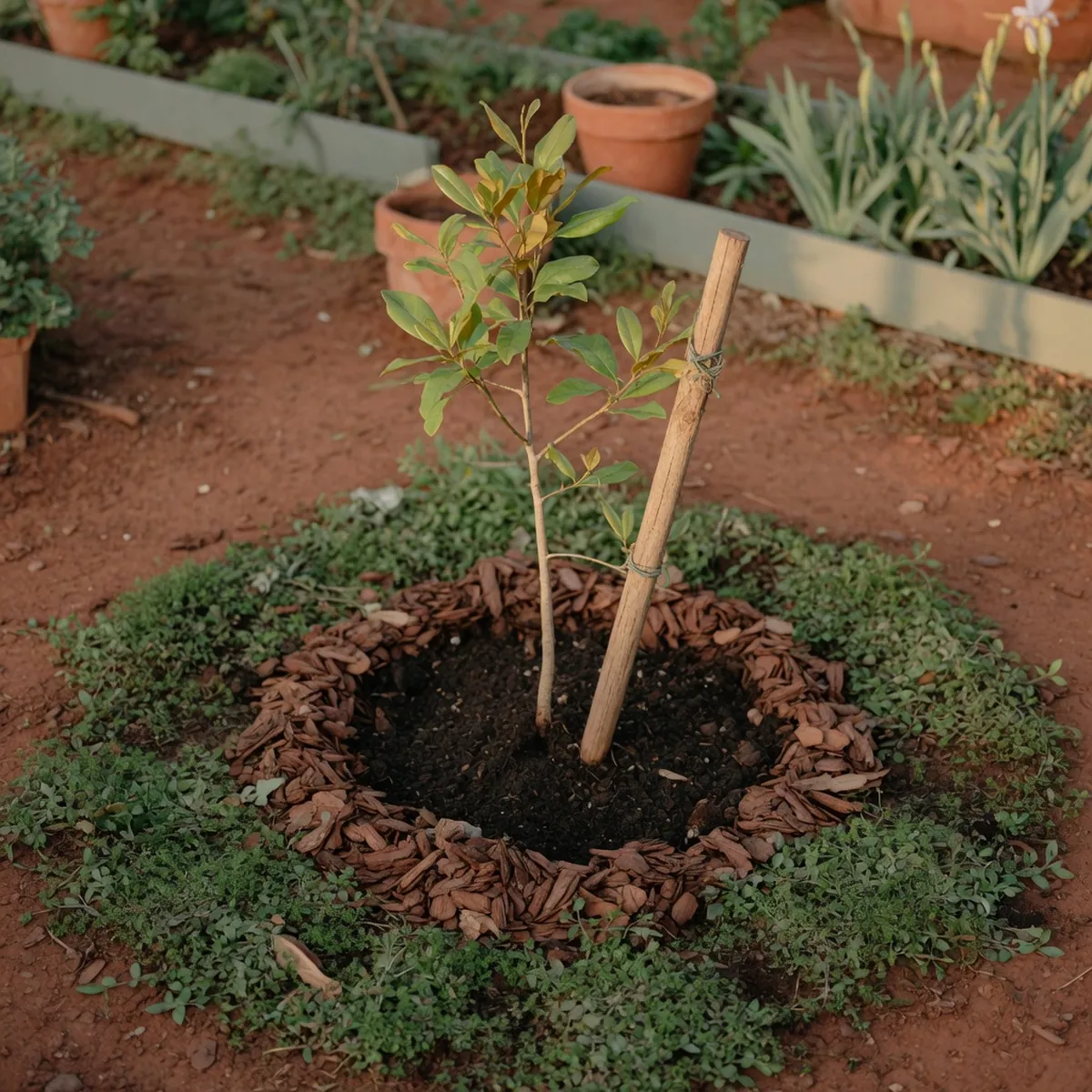 A newly planted magnolia sapling supported by a stake in prepared garden soil.