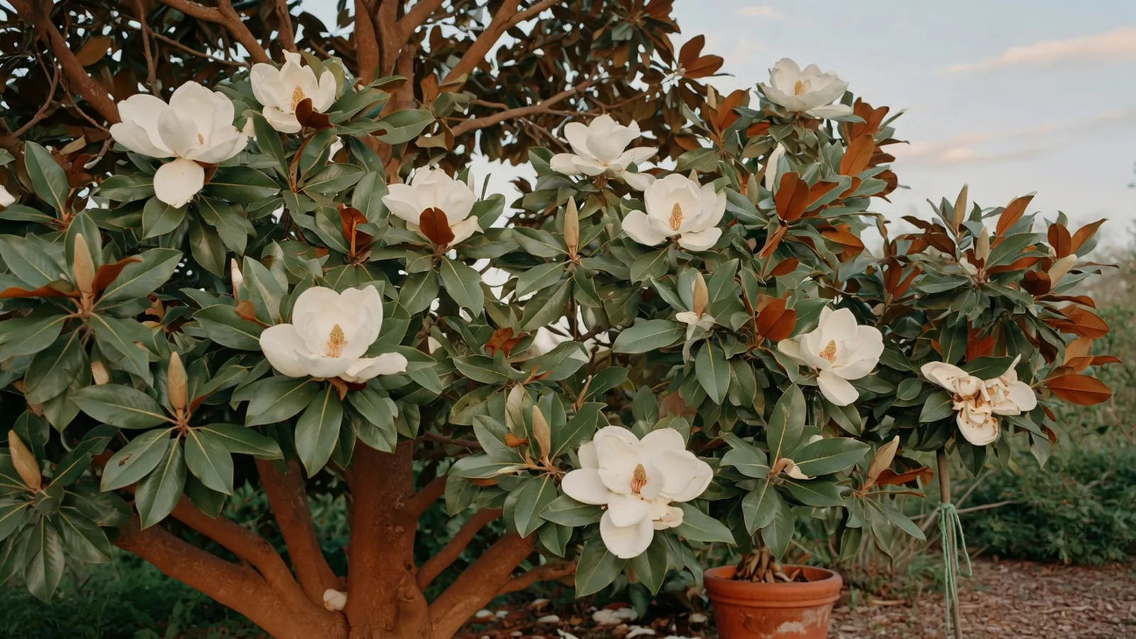 A mature magnolia tree displaying glossy leaves and large creamy-white blossoms.