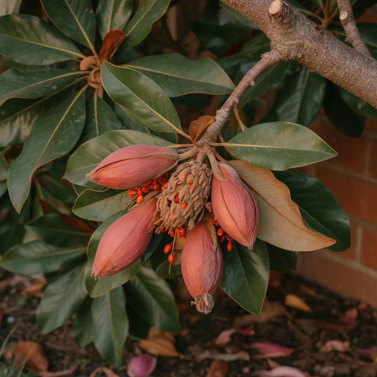 Ripe cone-shaped magnolia fruits hanging from a branch among glossy green leaves.