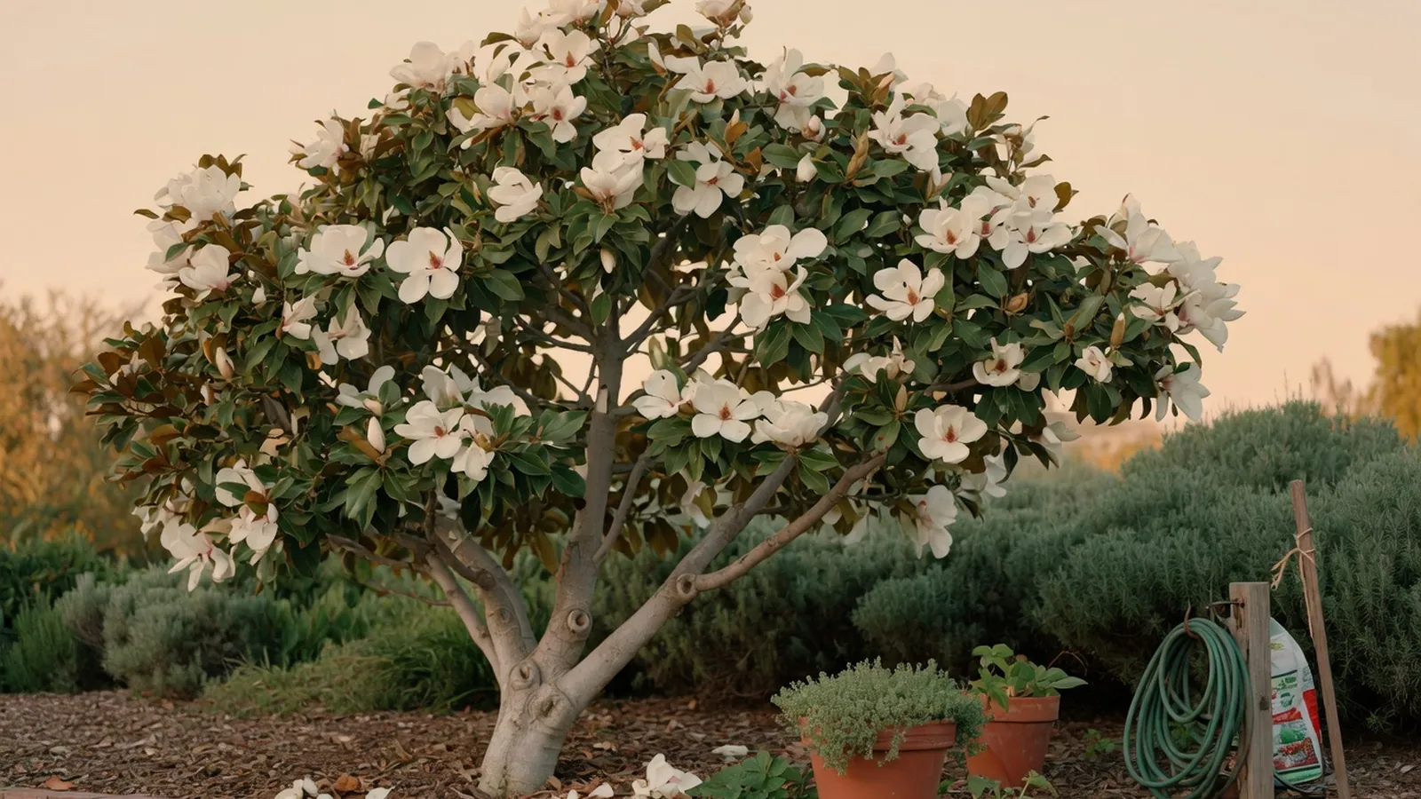 A mature magnolia tree in full bloom with large white flowers against a soft blue sky.