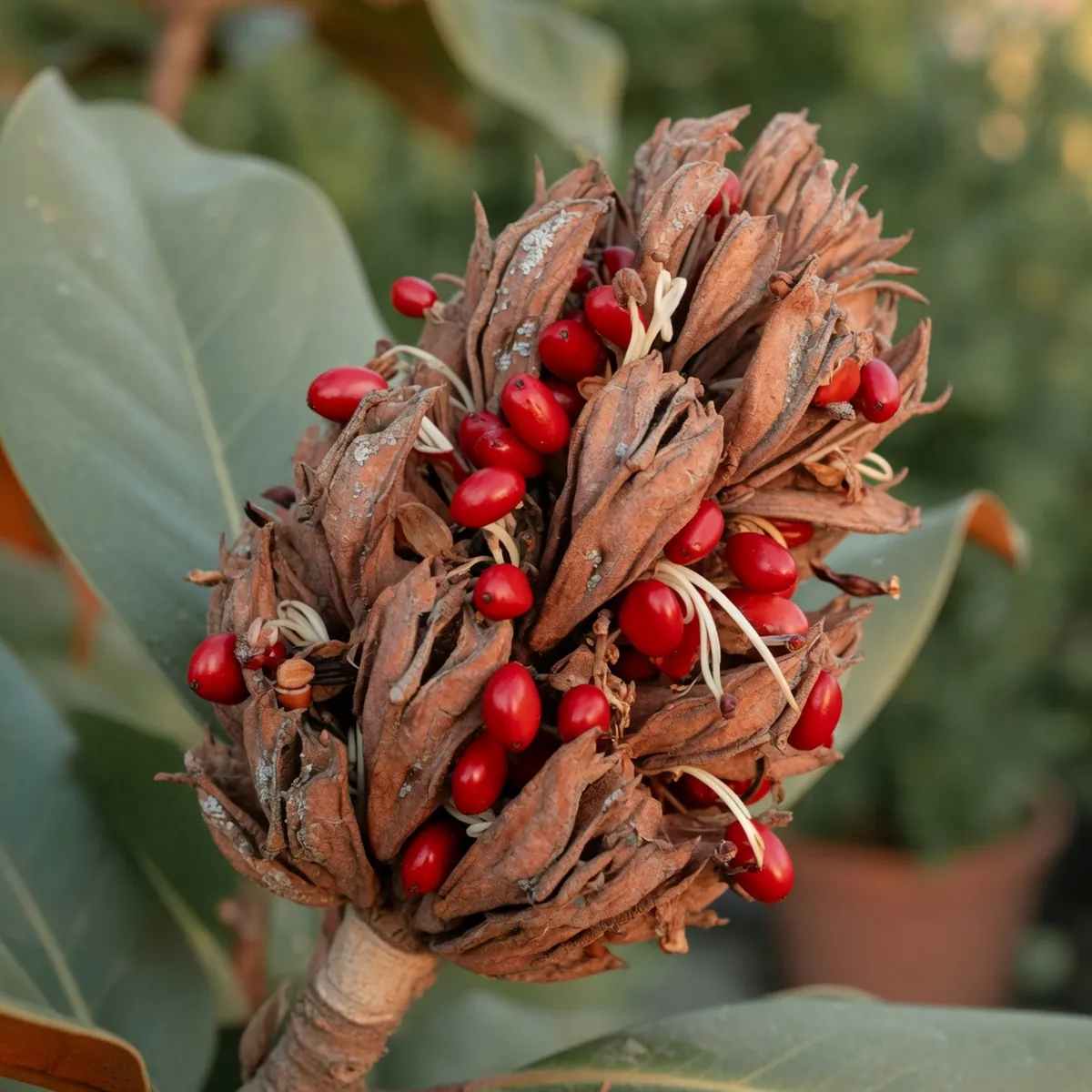 A split woody magnolia cone exposing its cluster of bright red seeds against a soft green background.