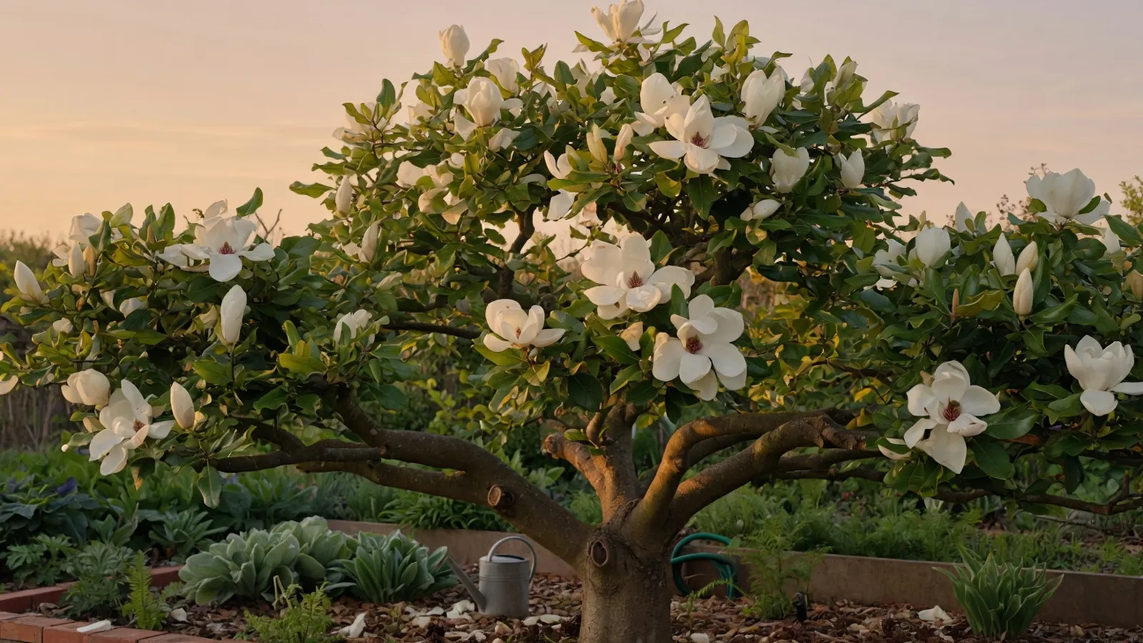 A mature magnolia tree displaying its large, fragrant white blossoms against a clear sky.