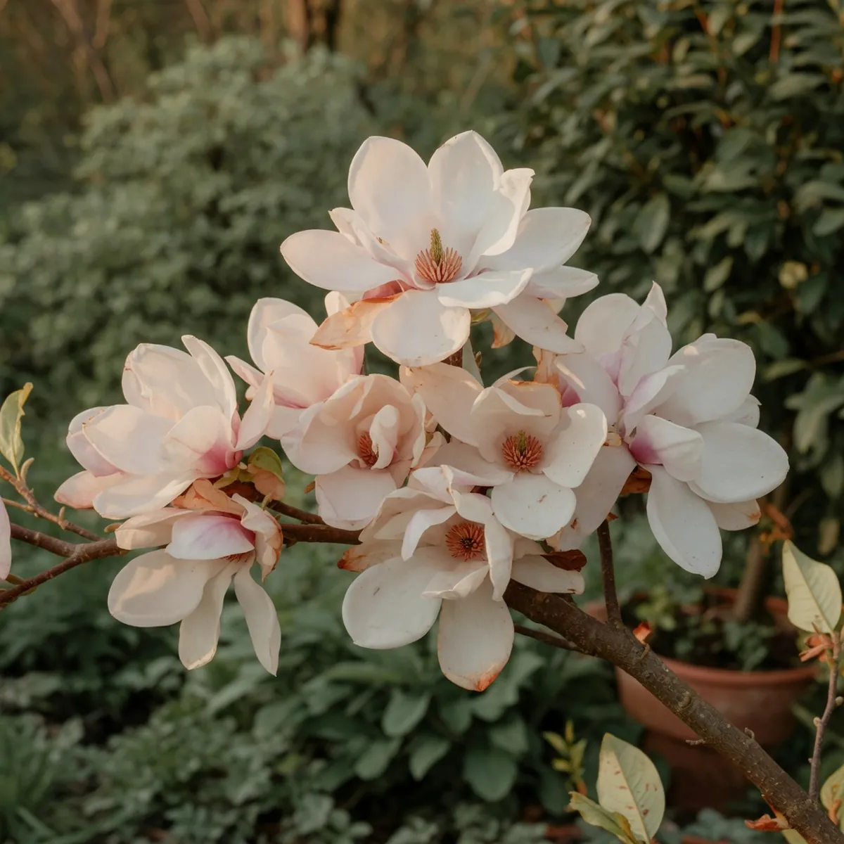 A cluster of large, saucer-shaped white and pink magnolia blossoms on a branch.