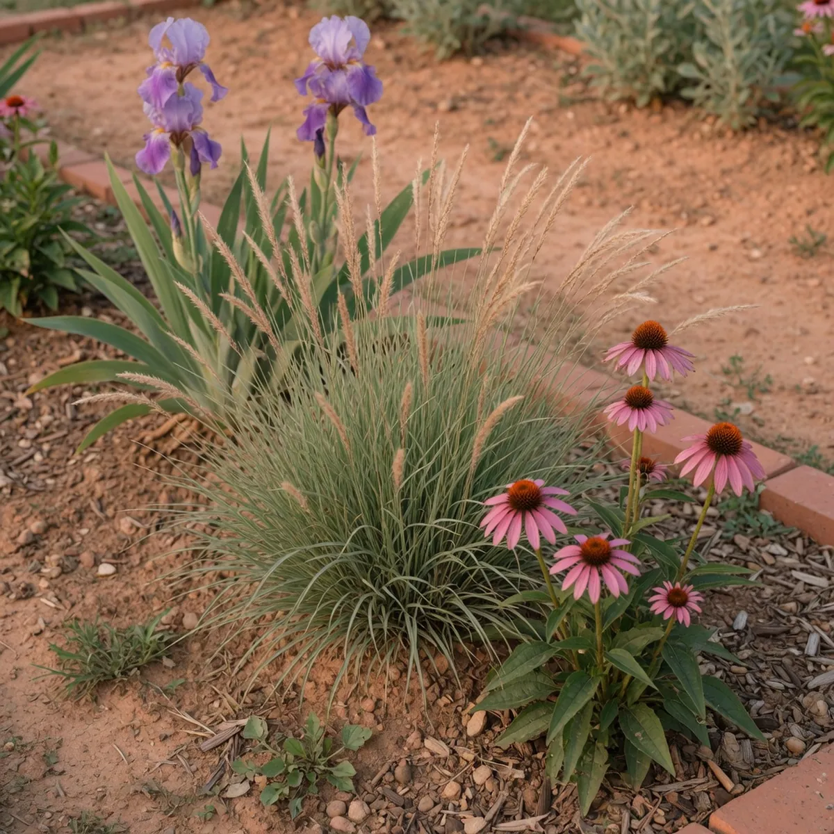 Maiden grass growing in well-drained soil alongside blooming purple coneflowers and irises in a sunny garden bed.