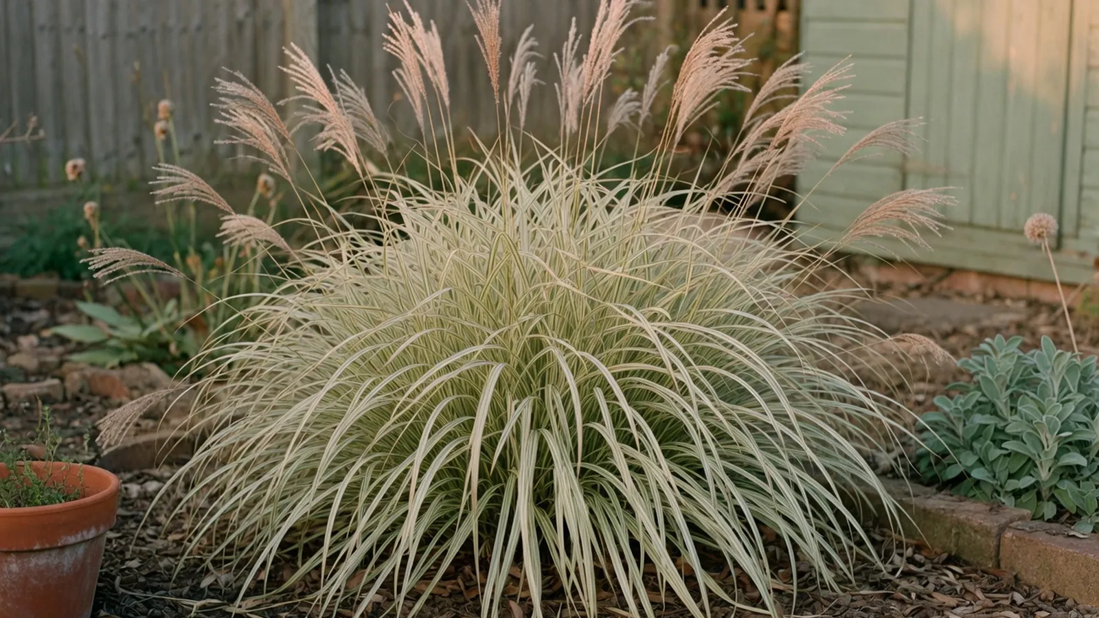 A clump of maiden grass with arching variegated leaves and tall feathery plumes in a garden bed.