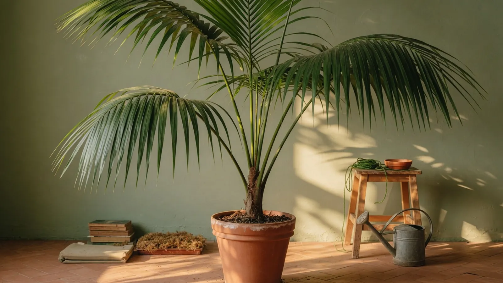 A healthy majesty palm with tall stalks and large-bladed green fronds standing in a bright indoor space.