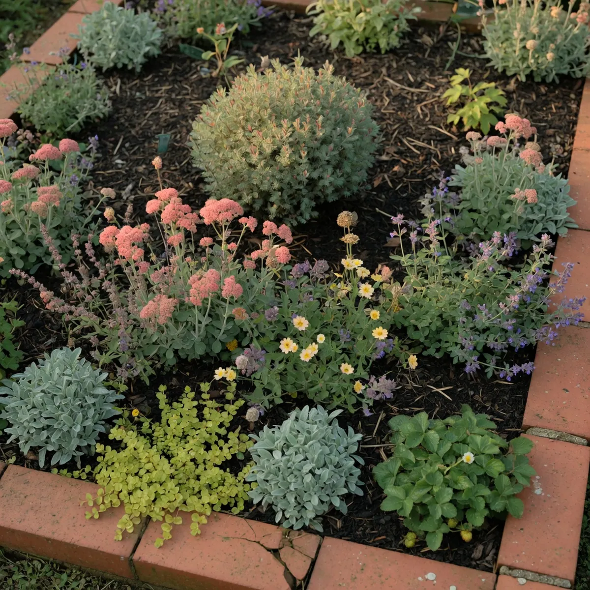 A mixed garden bed displaying flowering perennials, groundcovers, and a small shrub in natural sunlight.